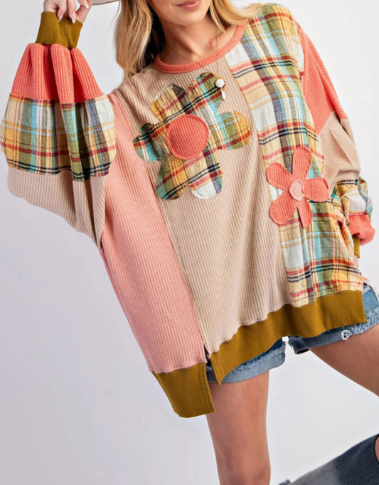 Multicolour Waffle Knit Plaid Patchwork Side Slits Loose Sweatshirt PREORDER