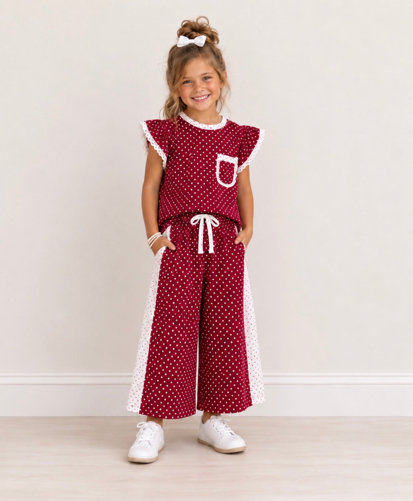 Girls Burgundy Polka Dot Two Piece Set - PREORDER