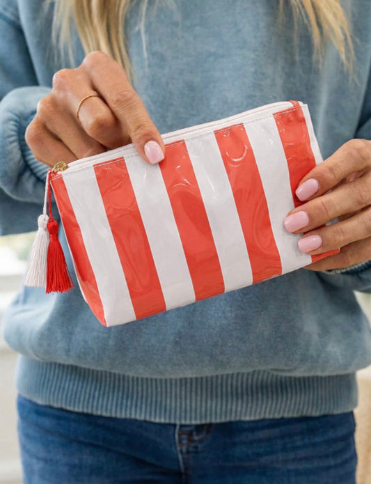 Striped Vinyl Waterproof Tassel Zipper Makeup Bag