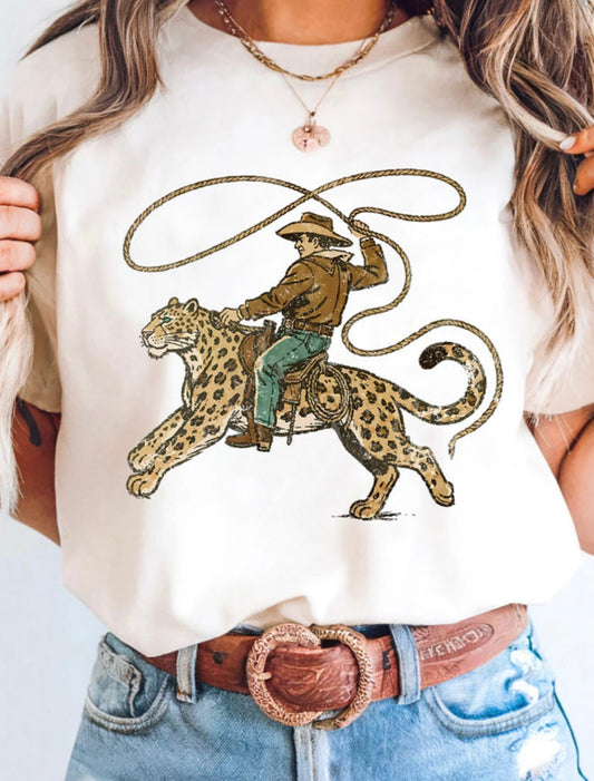 White Leopard Rodeo Cowboy Graphic Casual Tee - PREORDER