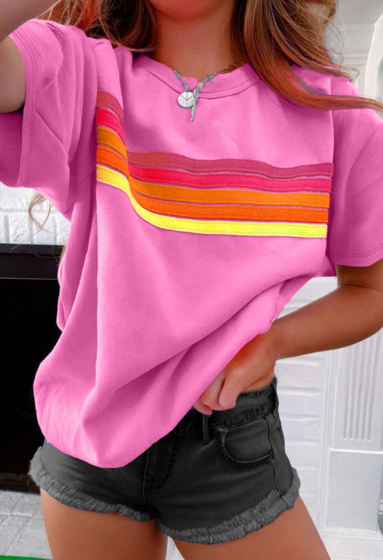 Bonbon Striped Patch Front Casual Tee PREORDER