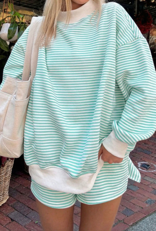 Green Stripe Oversize Mock Neck Sweatshirt and Shorts Set