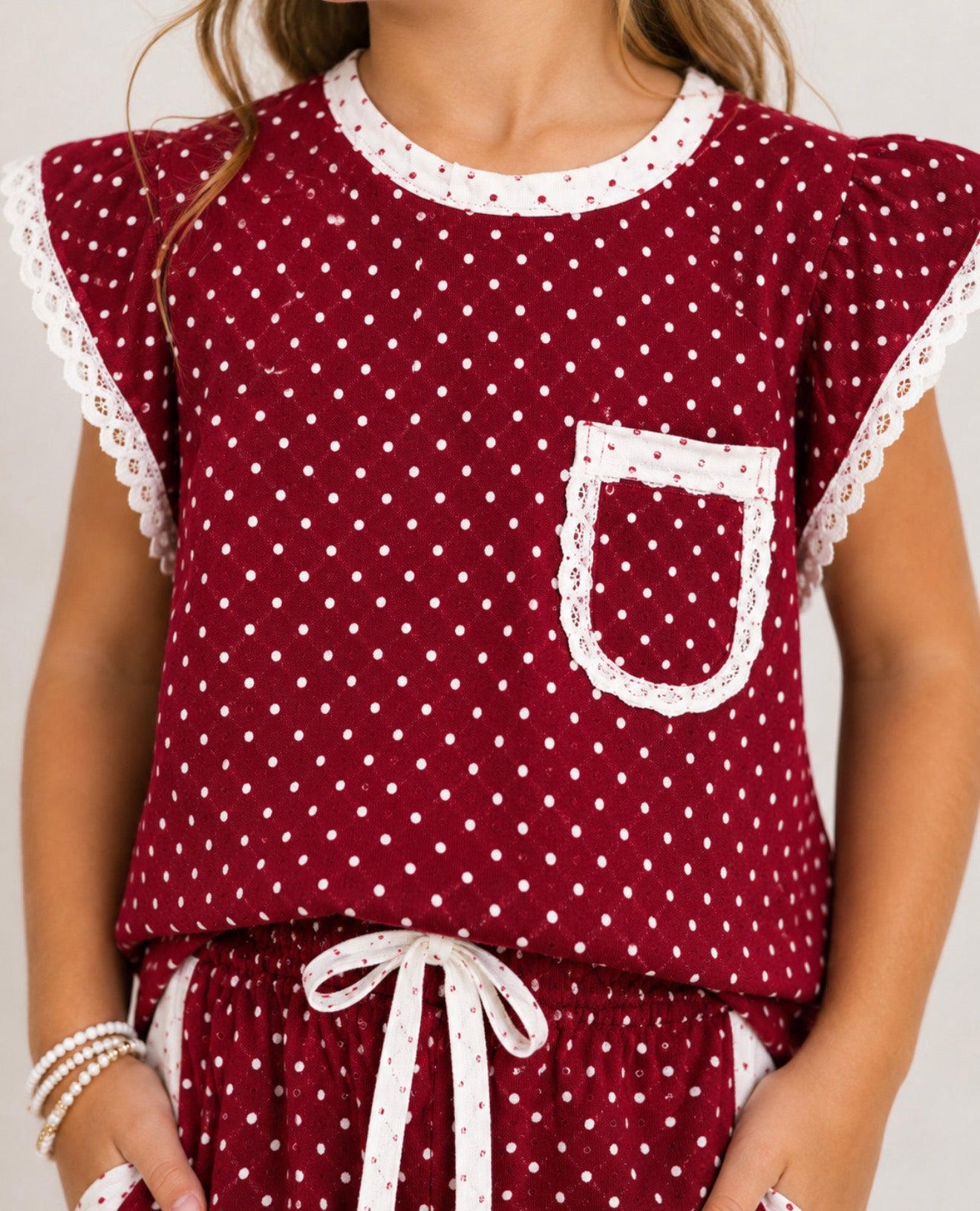 Girls Burgundy Polka Dot Two Piece Set - PREORDER