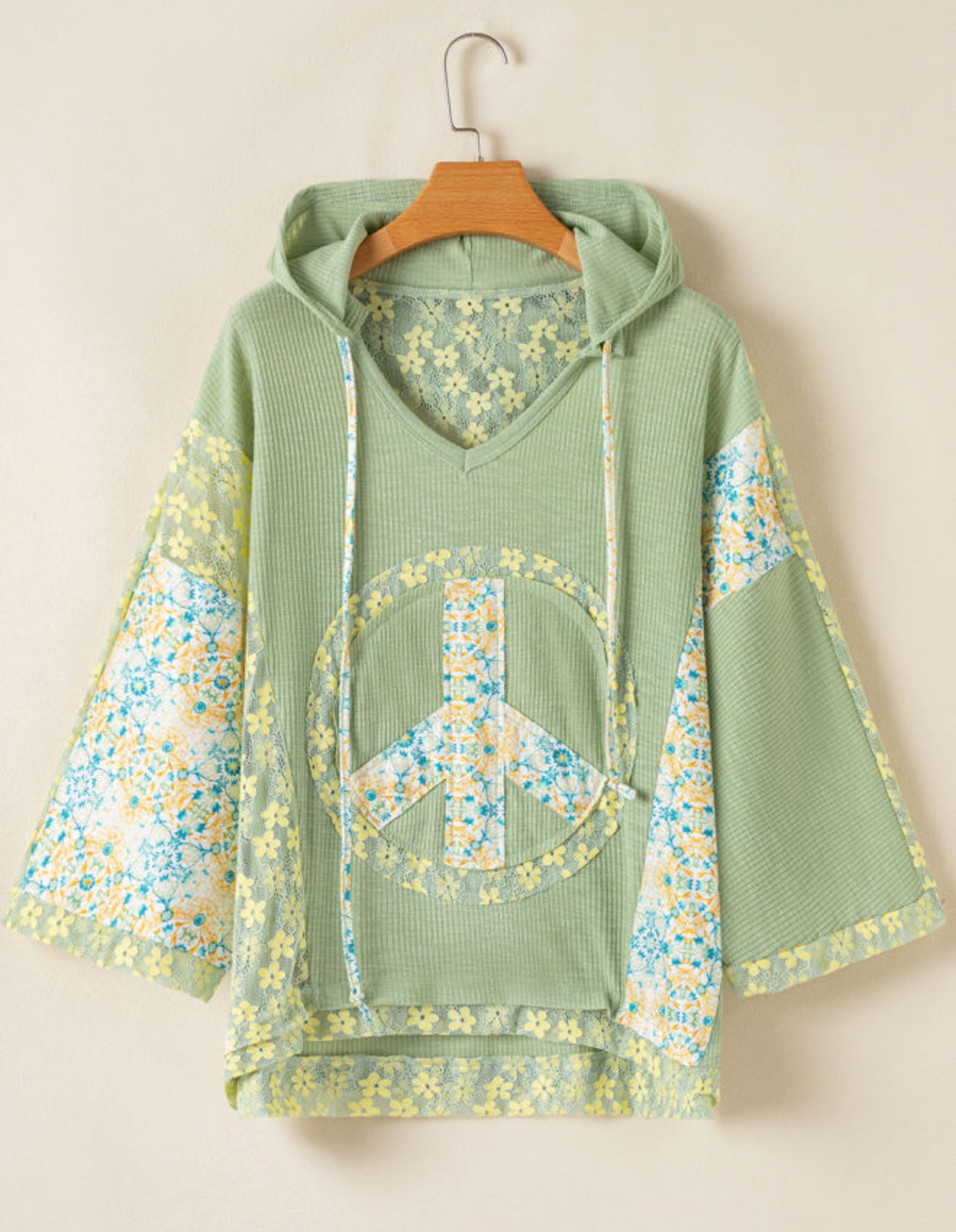 Clearly Aqua Oversized Floral Peace Sign Graphic C Patchwork Knit Hooded Top PREORDER