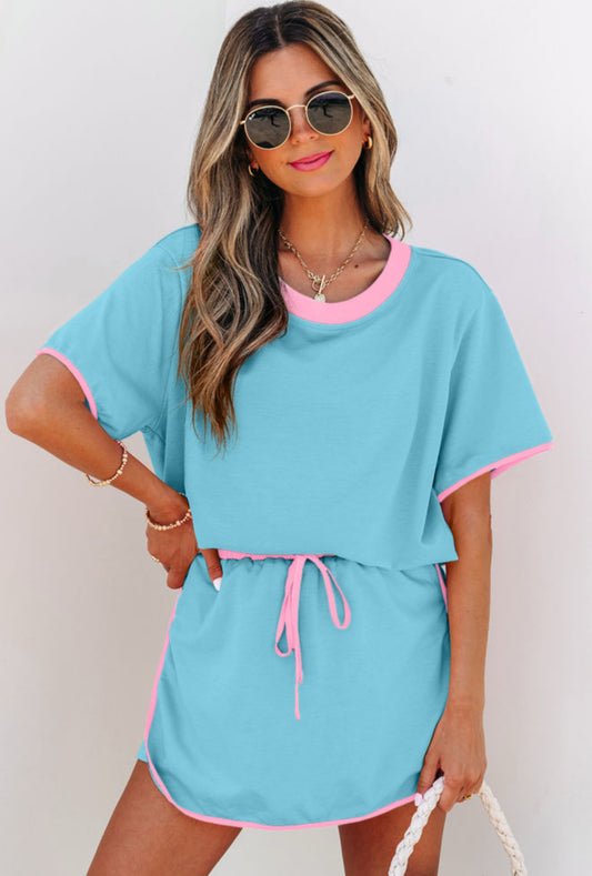 Turquoise Colorblock Edge Drop Shoulder T Shirt and Skort 2Pcs Set - PREORDER