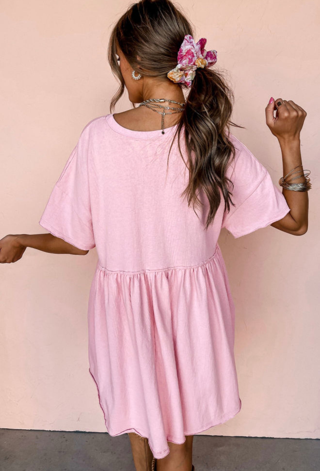 Light Pink Solid Color Pocketed Raw Edge Babydoll Dress PREORDER