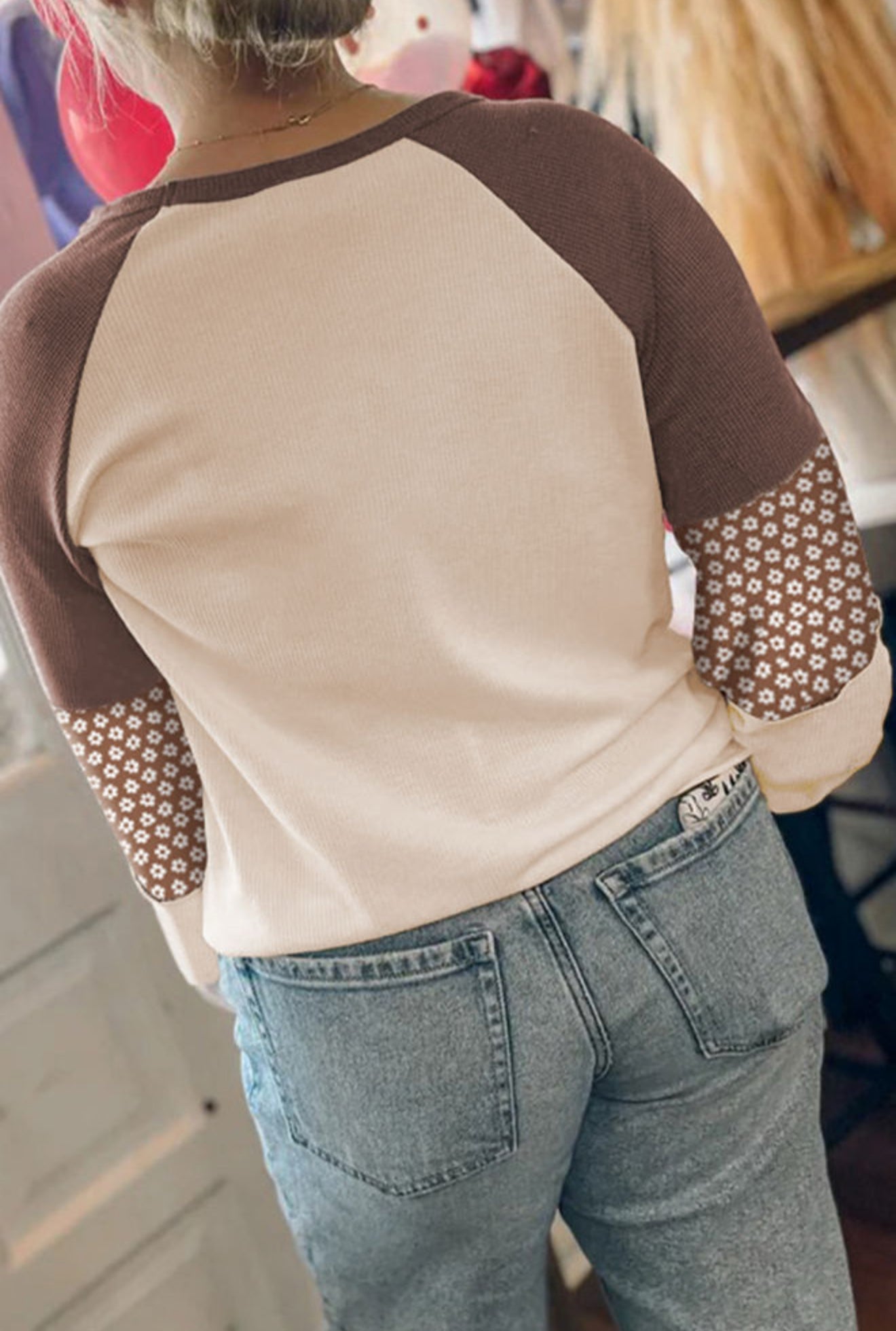 Brown Floral Print Patchwork Color Block Long Sleeve Top - PREORDER