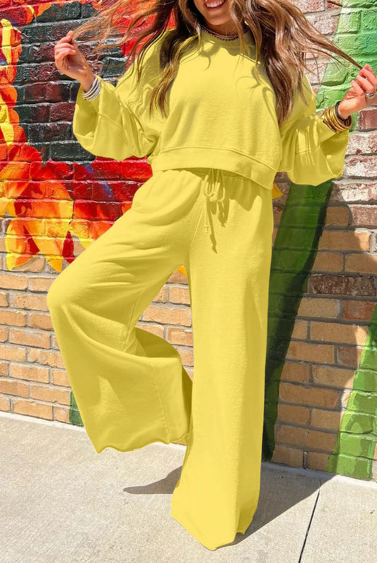 Yellow Cream Drop Shoulder Puff Sleeve Crop Pullover Drawstring Wide Leg Pants Set - PREORDER