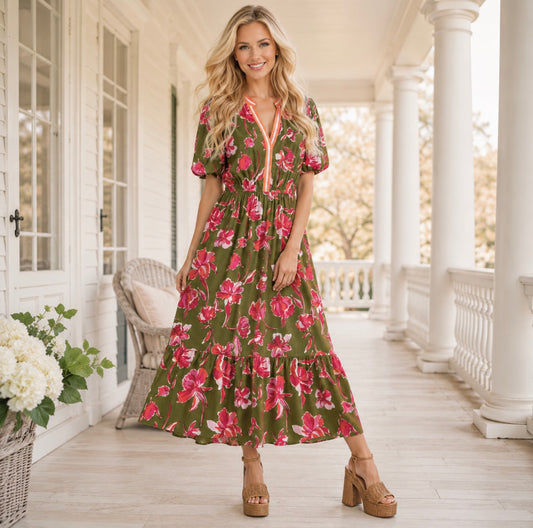 Green Floral Print Striped Trim Split Neck Short Puff Sleeve Ruffle Hem Maxi Dress