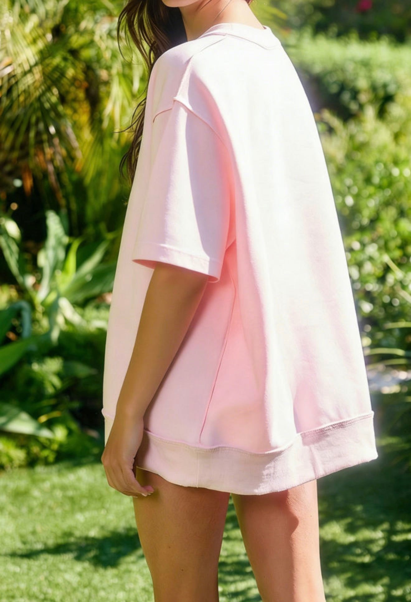 Light Pink Solid Color Exposed Seam Mock Neck Oversize Tee Casual Shorts 2pcs Outfit