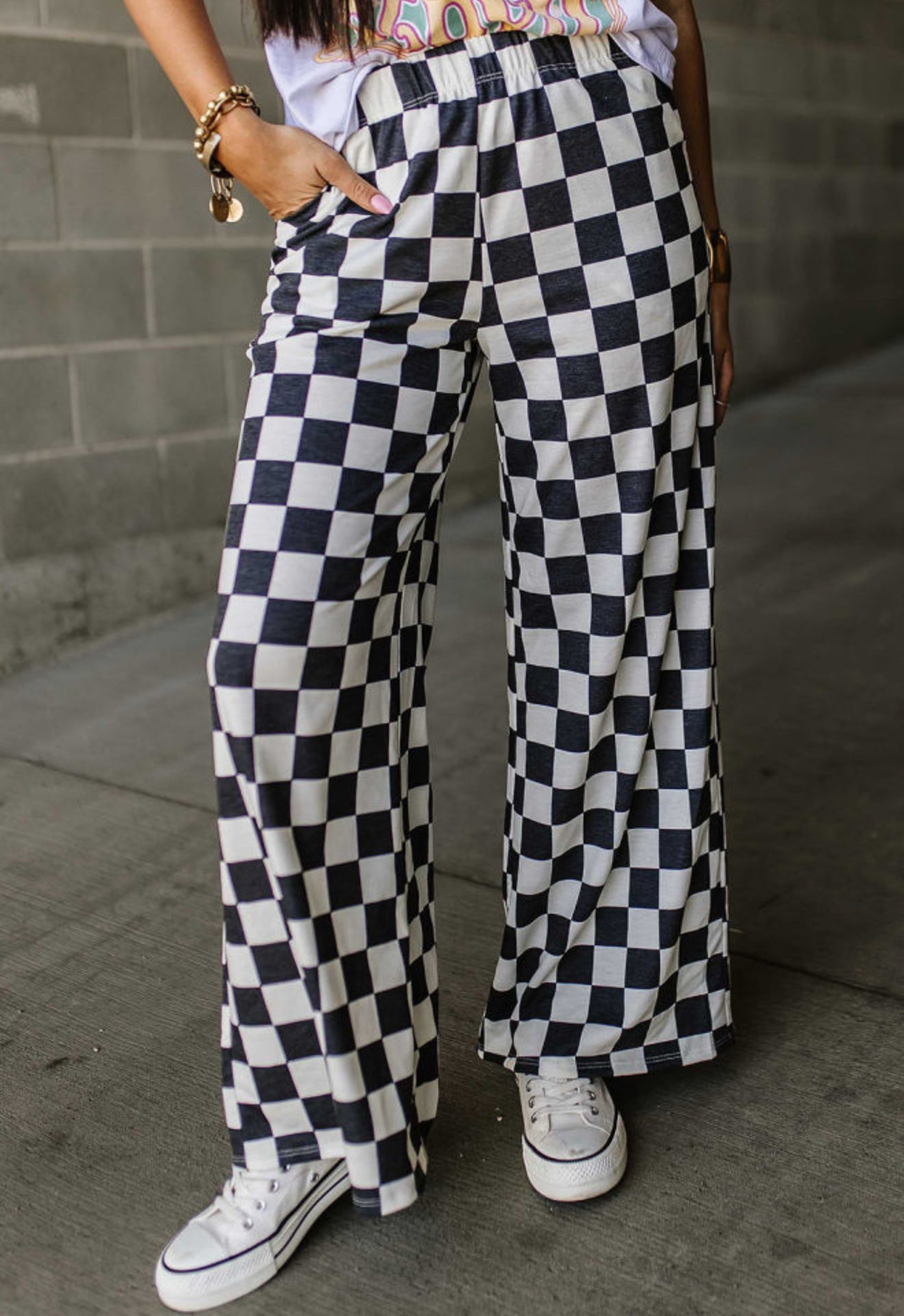 Black 2-Tone Checked Print High Waist Wide Leg Pants PREORDER