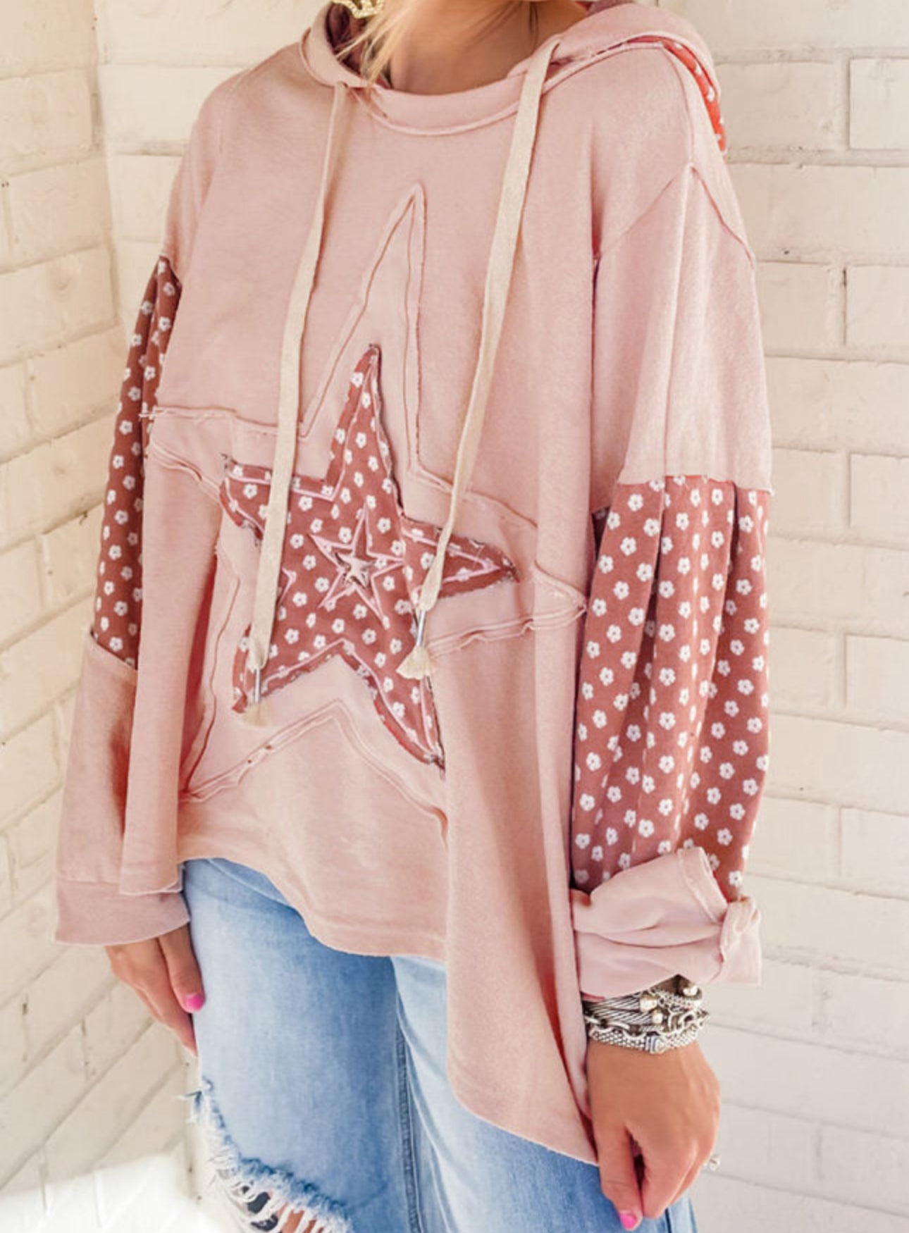 Delicacy Floral Patchwork Star Pattern Drawstring Hoodie PREORDER