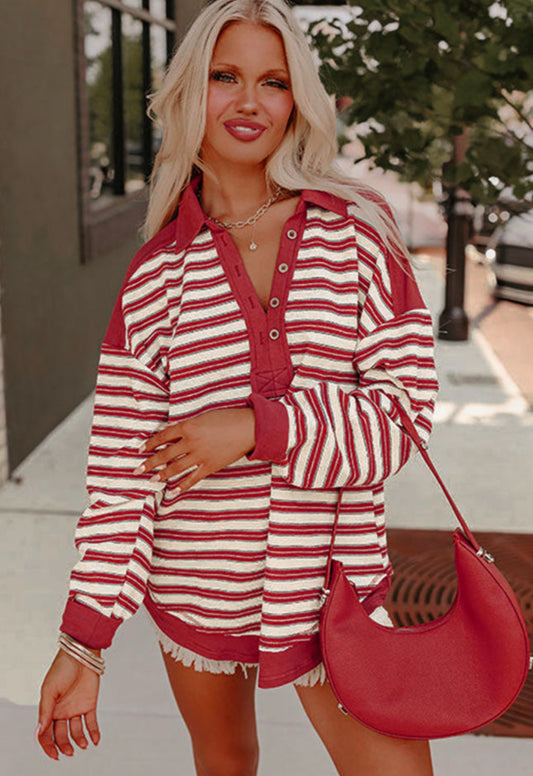 Red Stripe Buttoned V Neck Collared Drop Shoulder Top