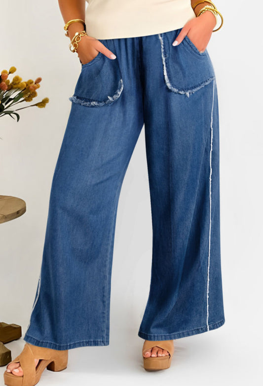 Sail Blue Washed Denim Chambray Loose Plus Size Pants PREORDER