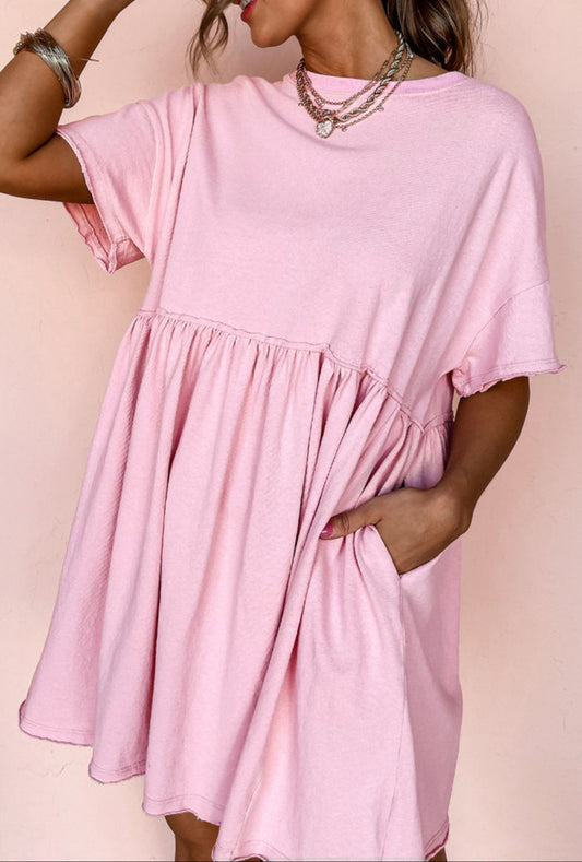 Light Pink Solid Color Pocketed Raw Edge Babydoll Dress PREORDER