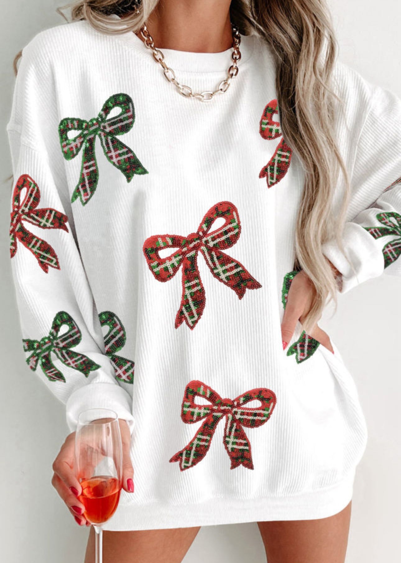 White Plaid Bowknot Pattern Corded Oversized Sweatshirt PREORDER