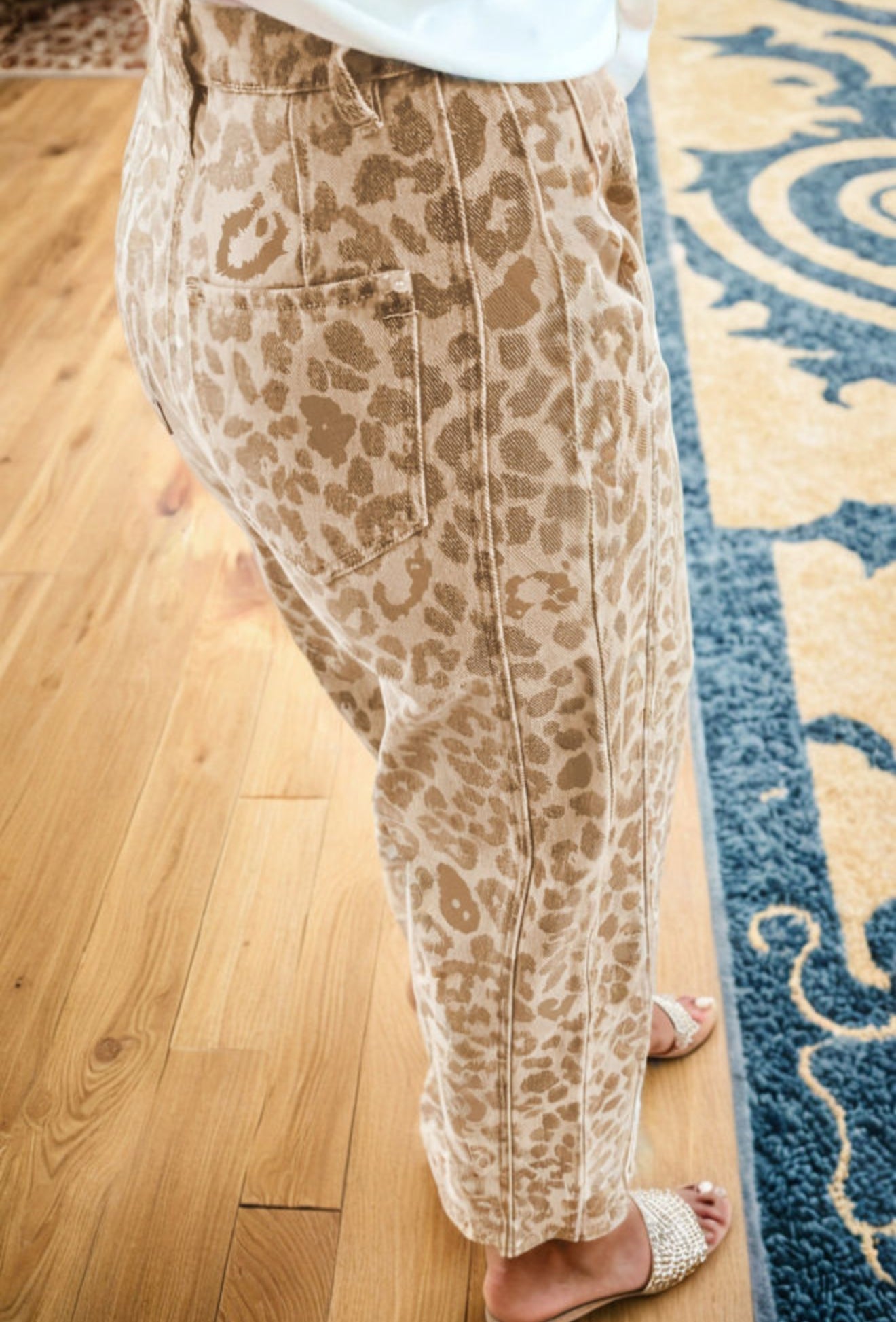 Khaki Leopard Print Straight Loose Jeans - PREORDER