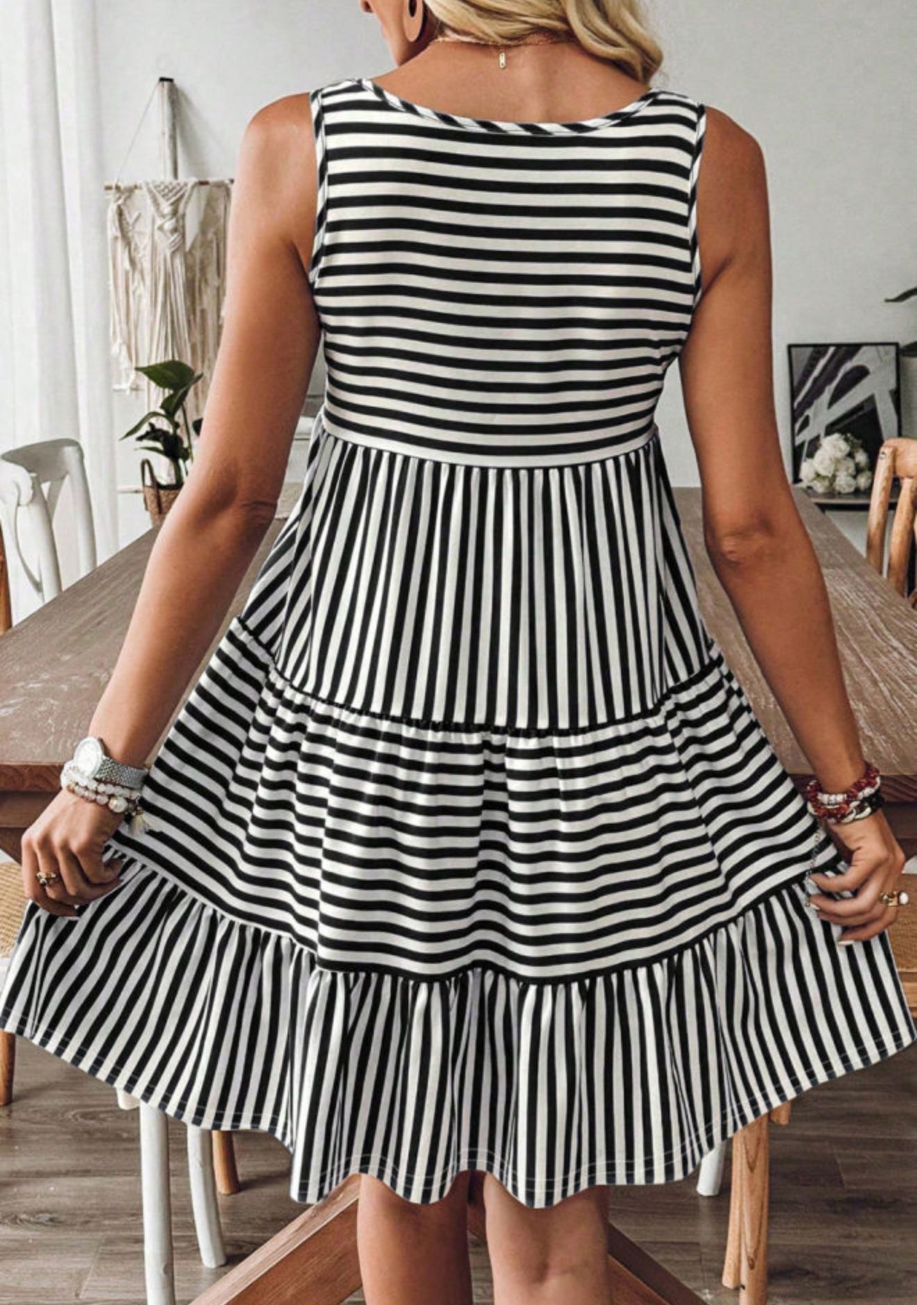 Black Stripe U Neck Sleeveless Loose Fit Mini Dress - PREORDER