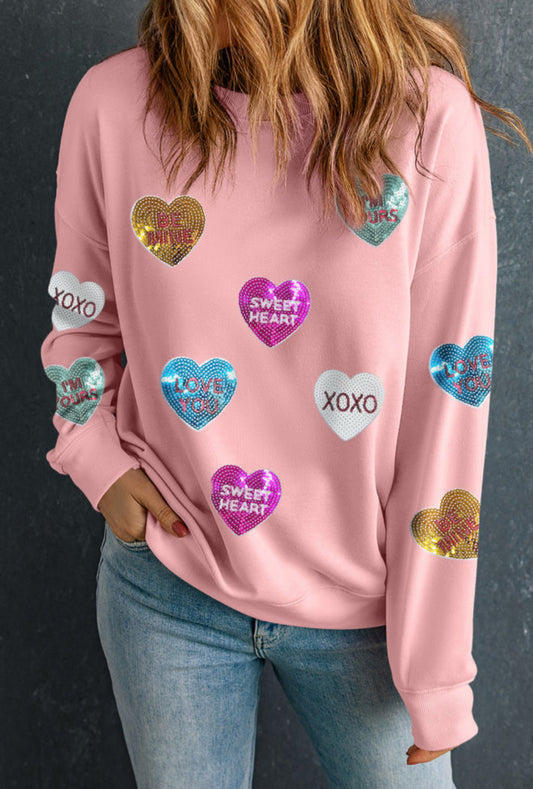 Pink Sequin Heart Valentines Sweatshirt