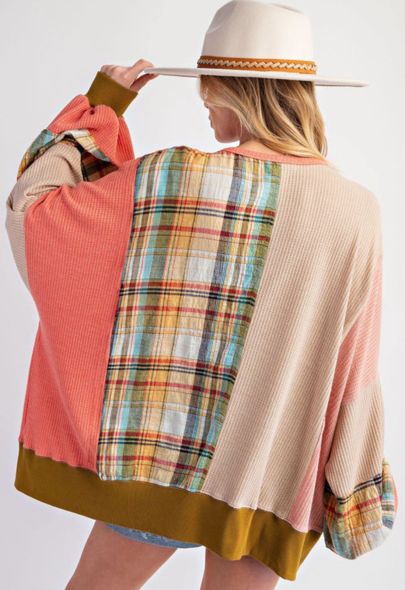 Multicolour Waffle Knit Plaid Patchwork Side Slits Loose Sweatshirt PREORDER