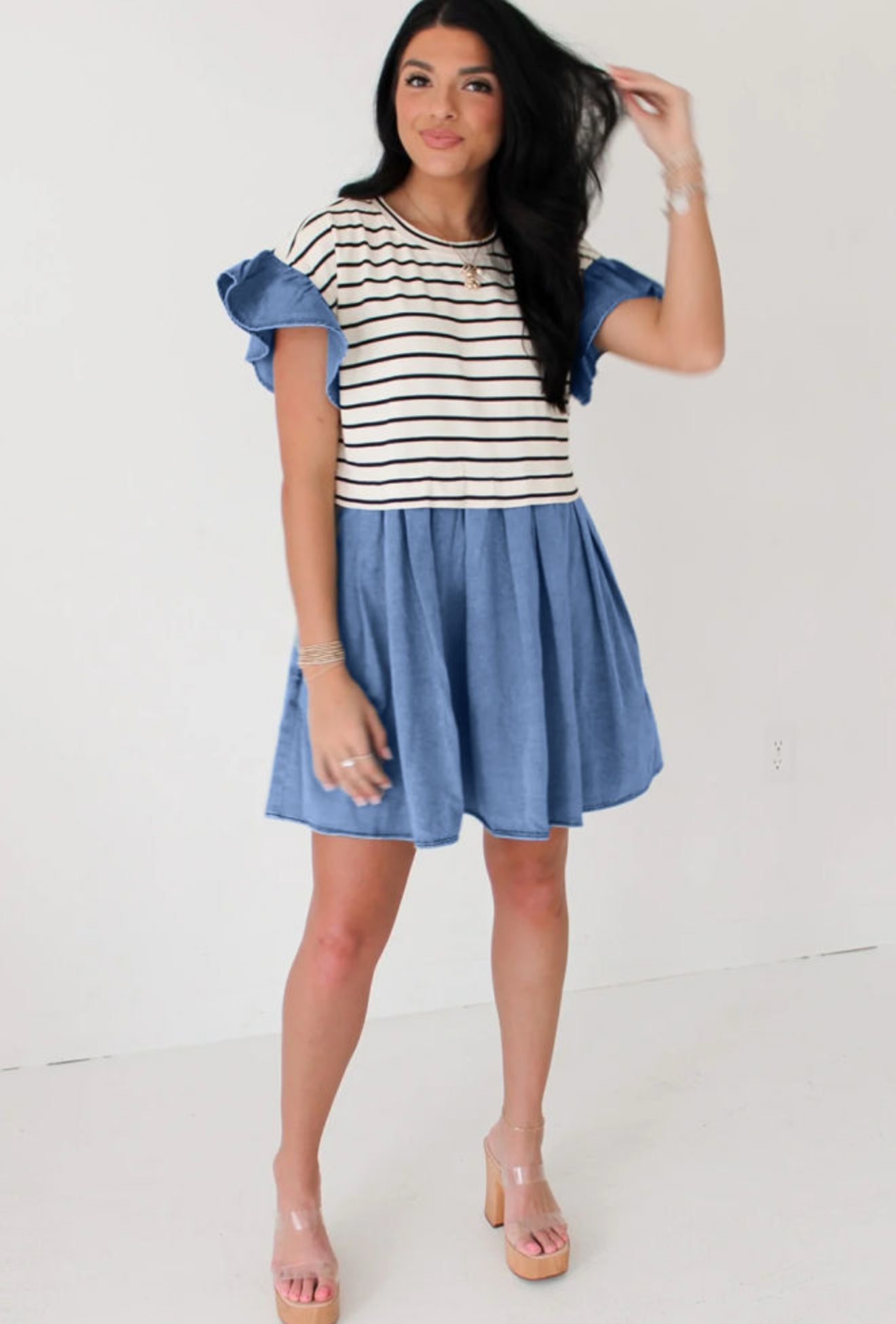 Black Stripe Ruffle Denim Patchwork
Round Neck Mini Dress PREORDER