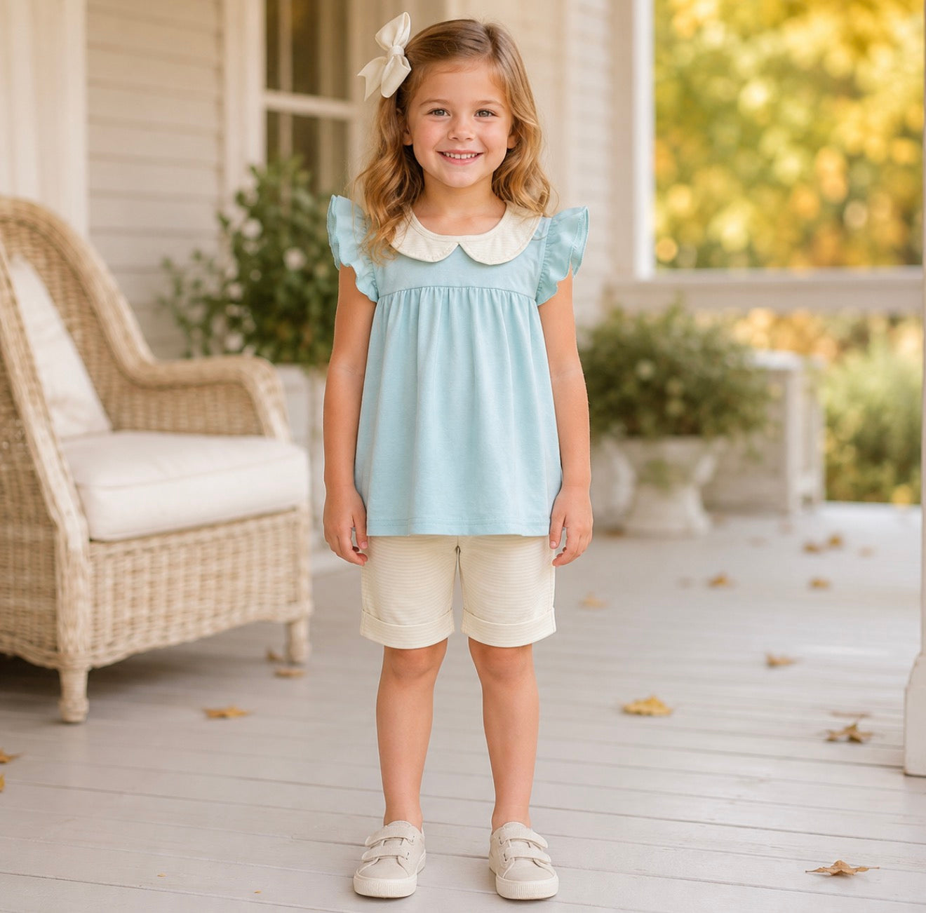 Girls Light Blue With Green & White Stripes Summer Set