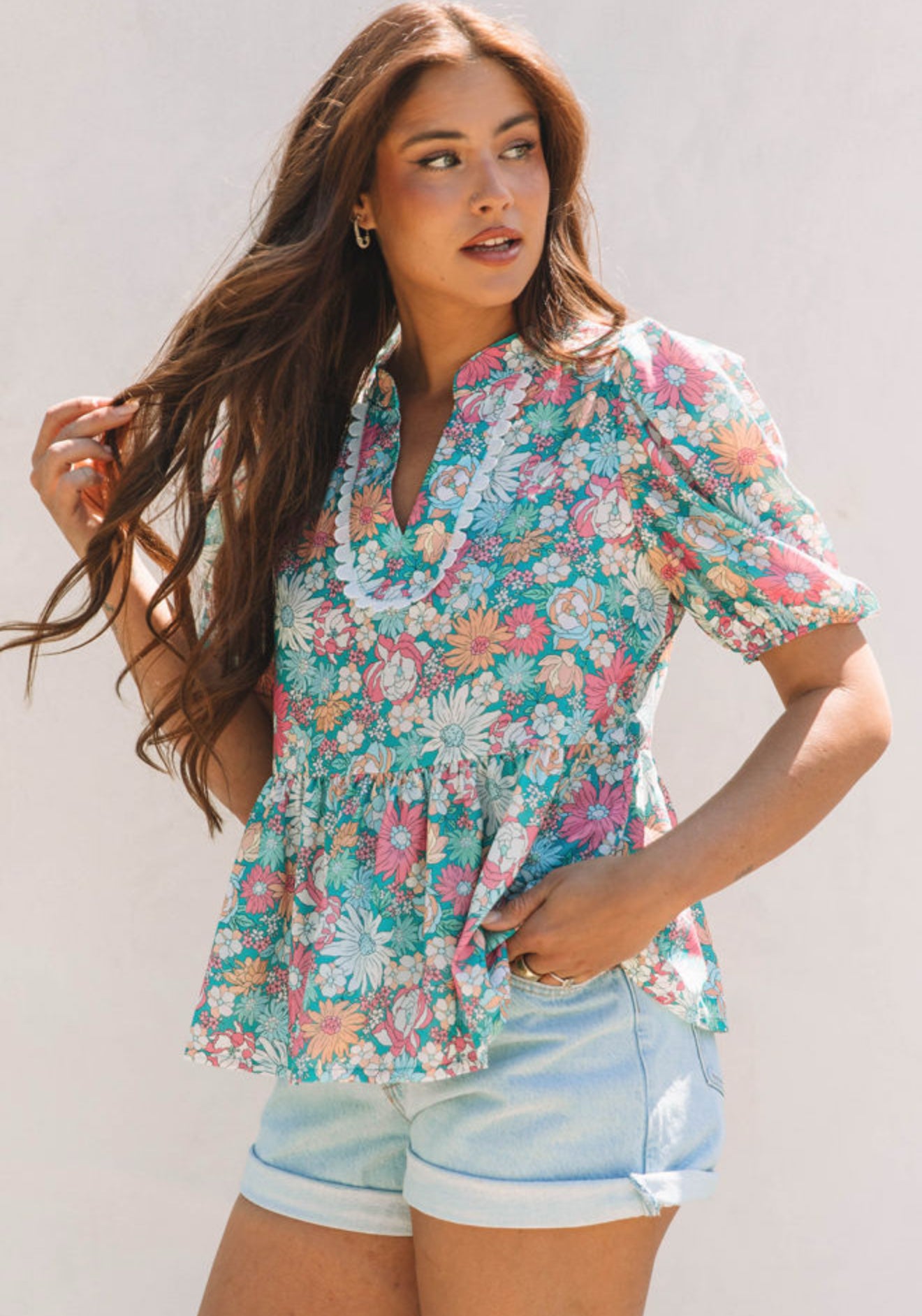 Multicolour Notched Neck Puff Short Sleeve Floral Blouse