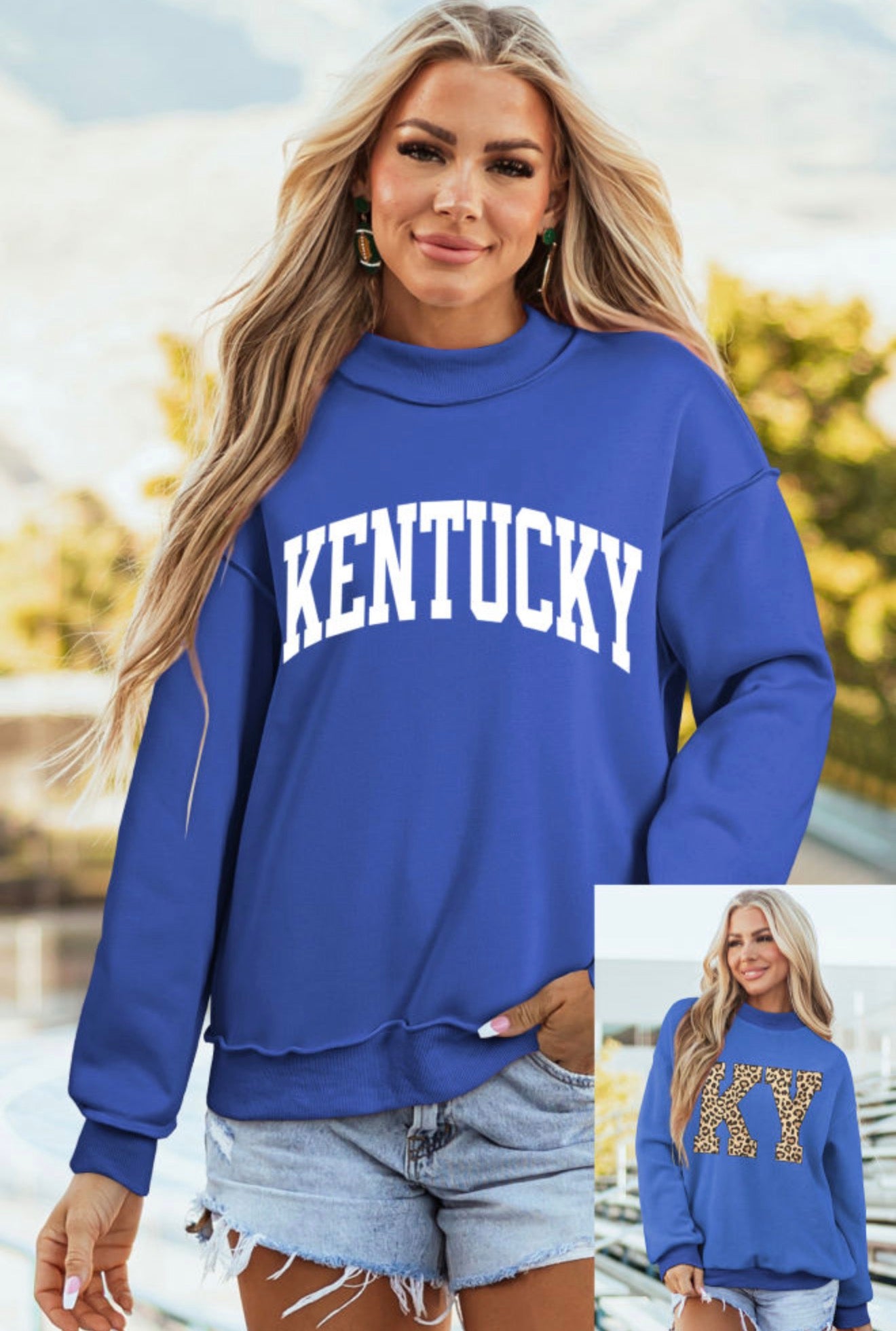 Dark Blue KENTUCKY Leopard KY Letter Print Reversible High Neck Sweatshirt