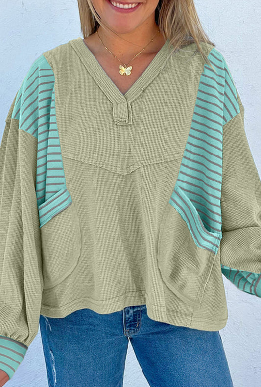 Meadow Mist Green Exposed Seam Waffle Striped Patchwork Baggy Pullover - PREORDER