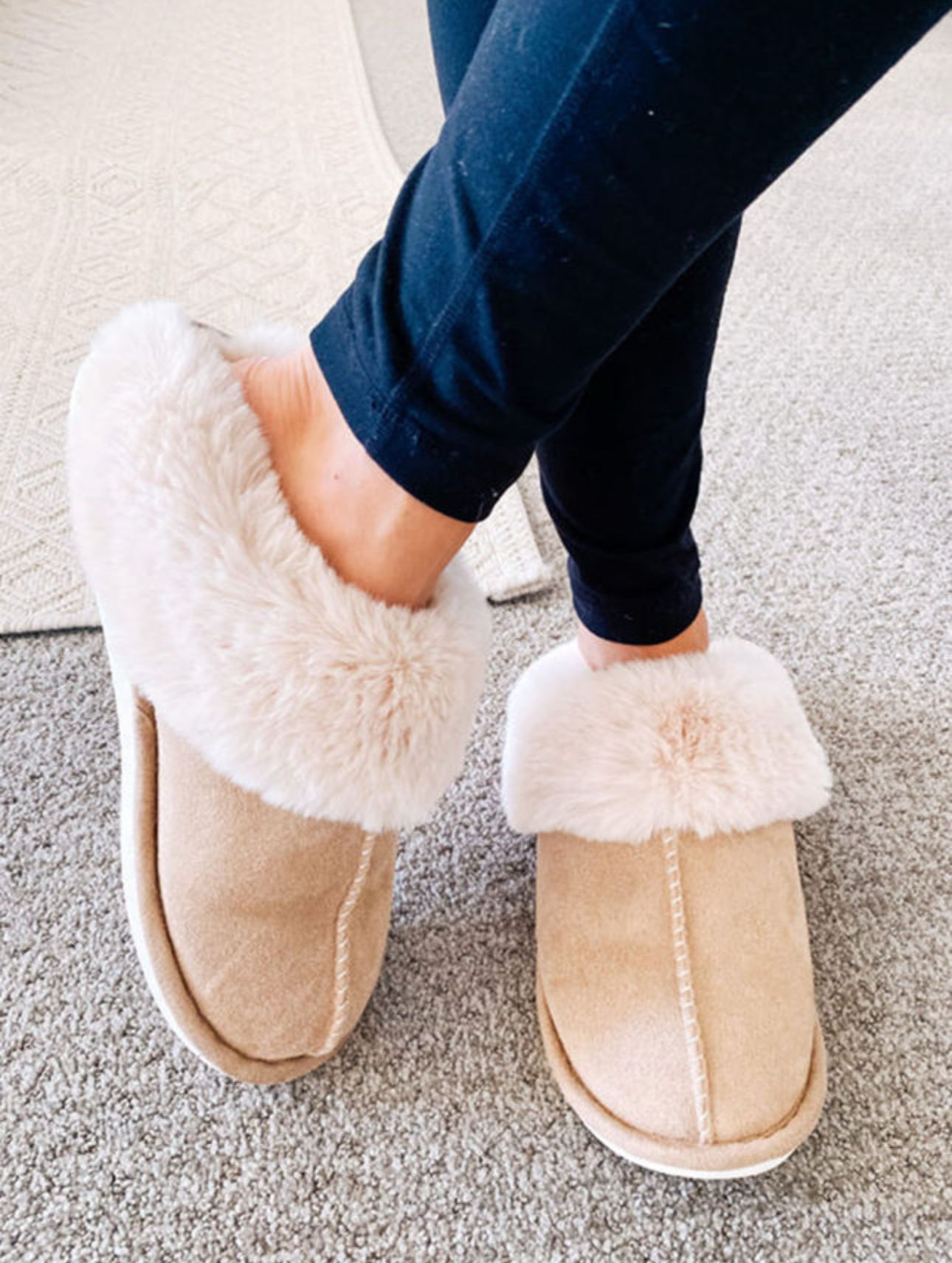 Khaki Cut and Sew Faux Suede Plush Lined Slippers