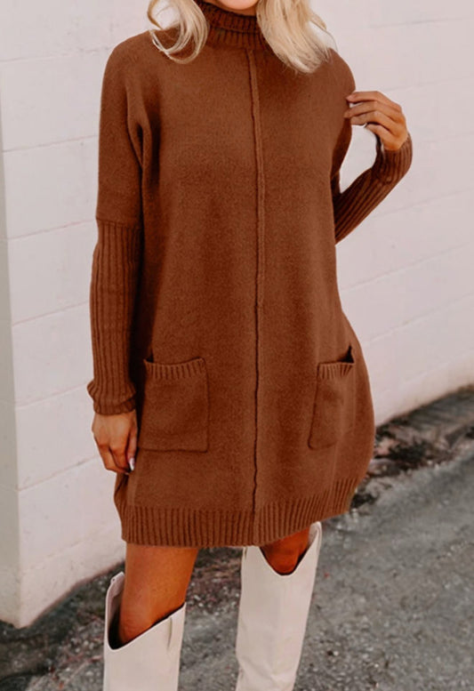 Chestnut Ribbed High Neck Front Pockets Center Seam Shift Sweater Dress - PREORDER