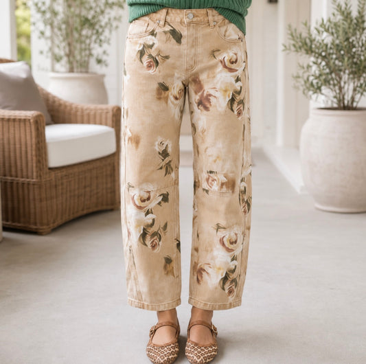Khaki Retro Floral Print Relaxed Barrel Jeans - PREORDER
