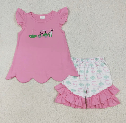 Girls Pink Embroidered Golf Short Set