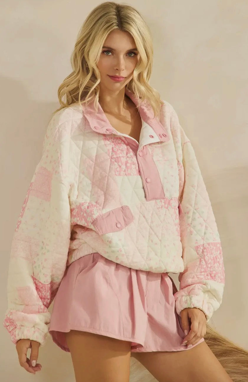 Textured Contrast Printed Quarterzip Sweatshirt