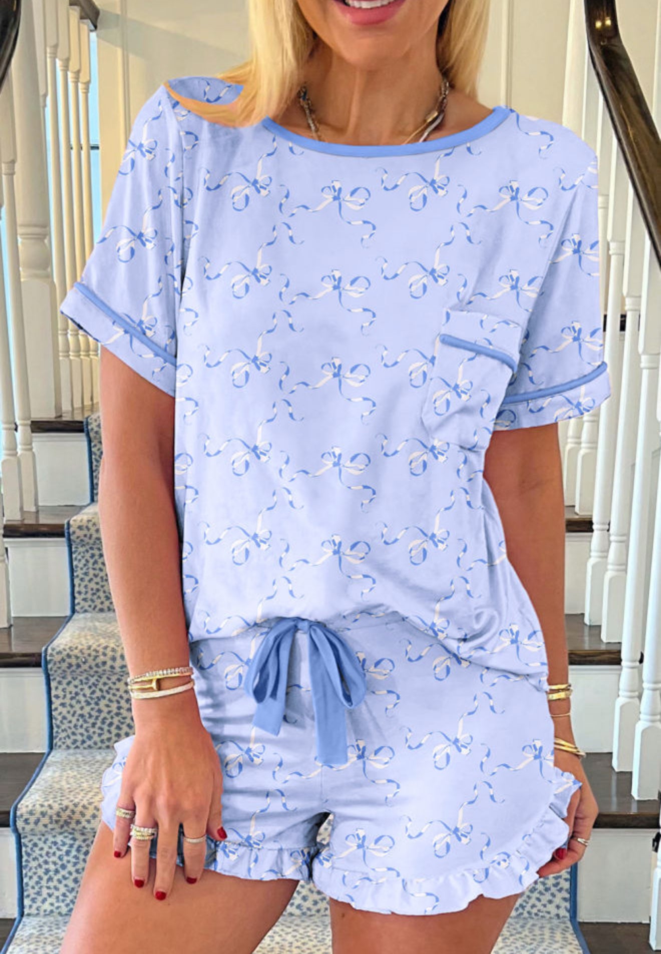 Sky Blue Bow Printed Ruffled Short Lounge Set - PREORDER