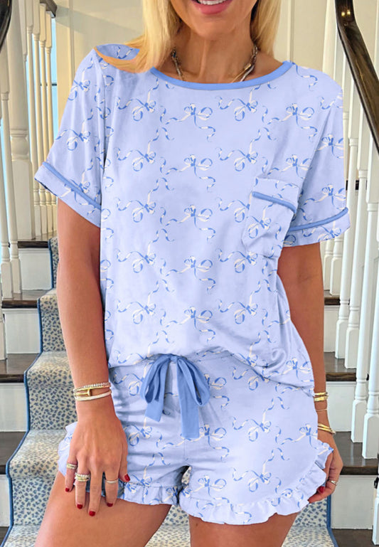 Sky Blue Bow Printed Ruffled Short Lounge Set - PREORDER