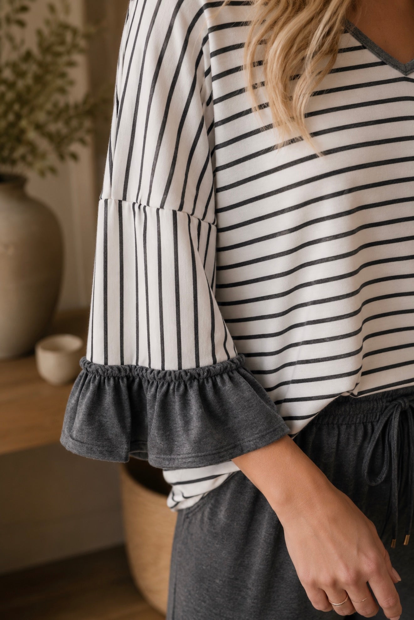 Gray Stripe V Neck Ruffle Contrast Sleeve Drawstring Pants 2pcs Set - PREORDER