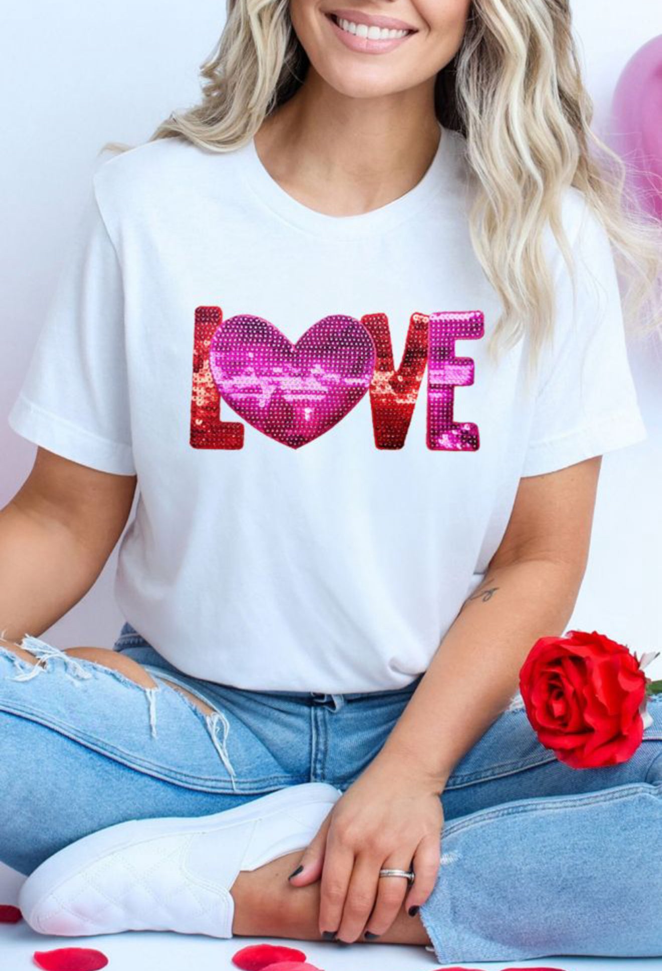 White Heart LOVE Patched Pattern
Crewneck Valentines T Shirt PREORDER