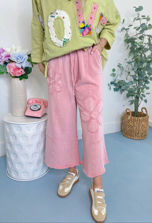 Pink Floral Patch Mineral Washed Terry Knit Cropped Wide Leg Pants