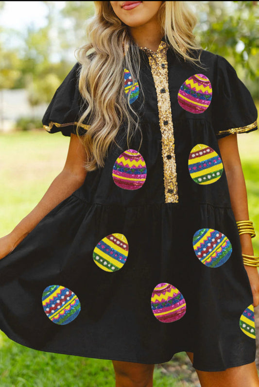 Black Glistening Easter Egg Sequin Trim Half Button Puff Sleeve Dress PREORDER