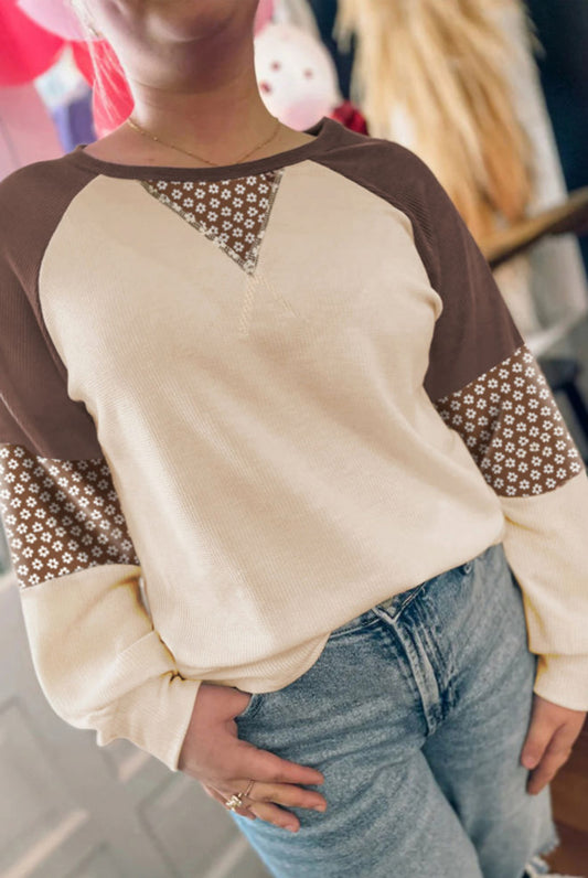 Brown Floral Print Patchwork Color Block Long Sleeve Top - PREORDER