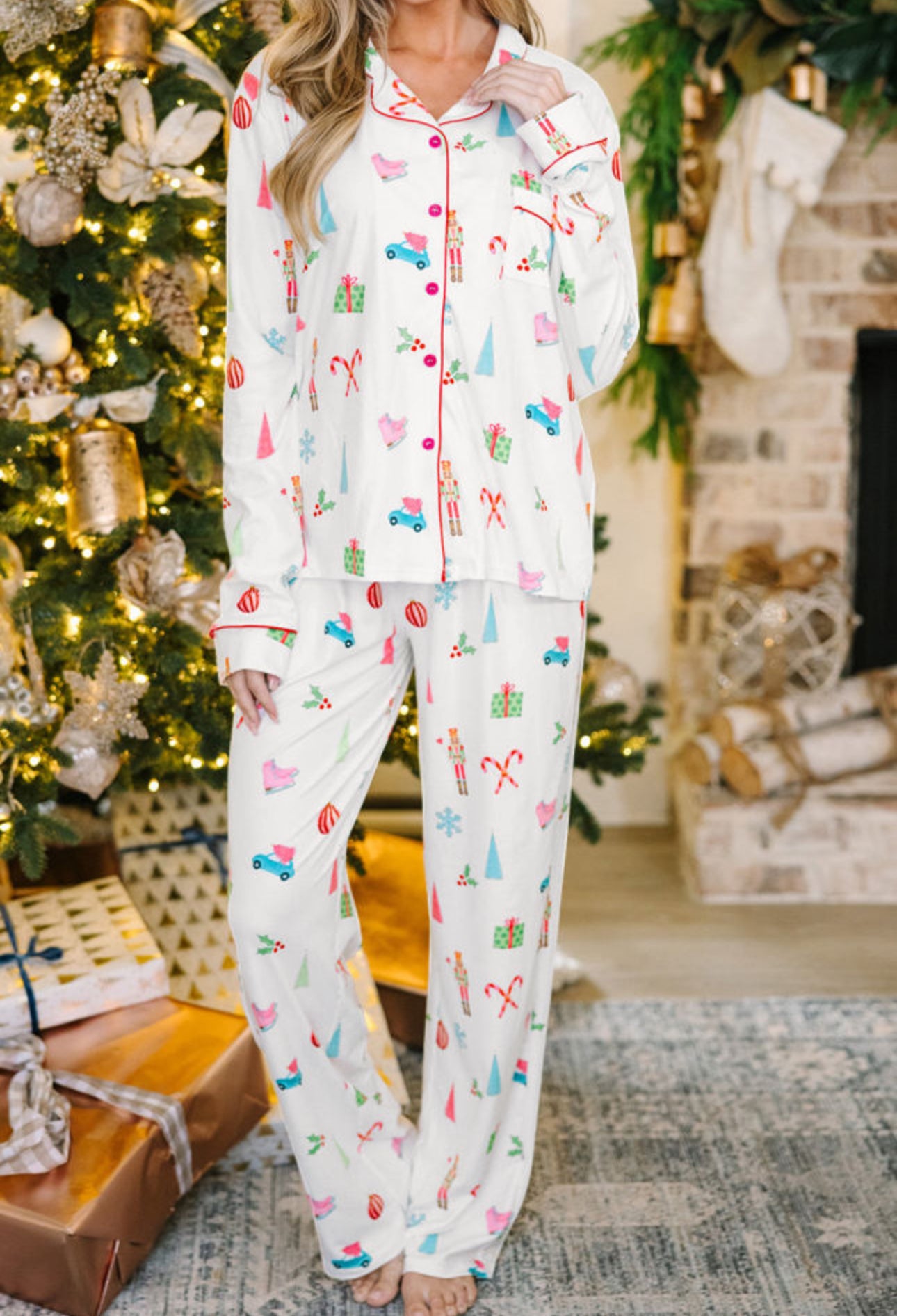 White Christmas Print Shirt and Pants Sleepwear