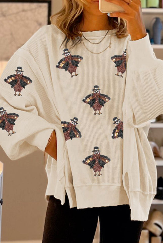 White Thanksgiving Turkey Waffle Oversized Knit Top