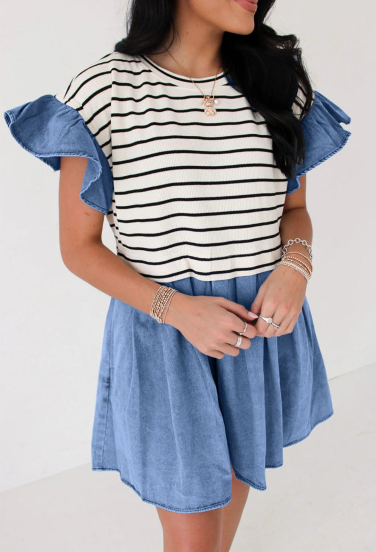 Black Stripe Ruffle Denim Patchwork
Round Neck Mini Dress PREORDER