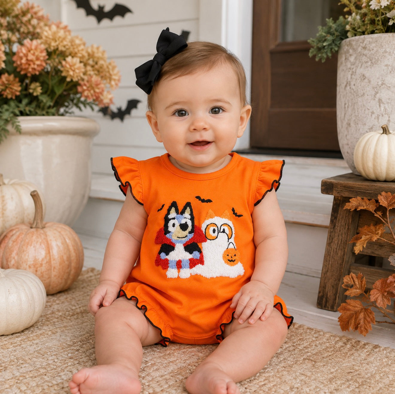 ORANGE HALLOWEEN BLUEY FRENCH KNOT RUFFLE BUBBLE