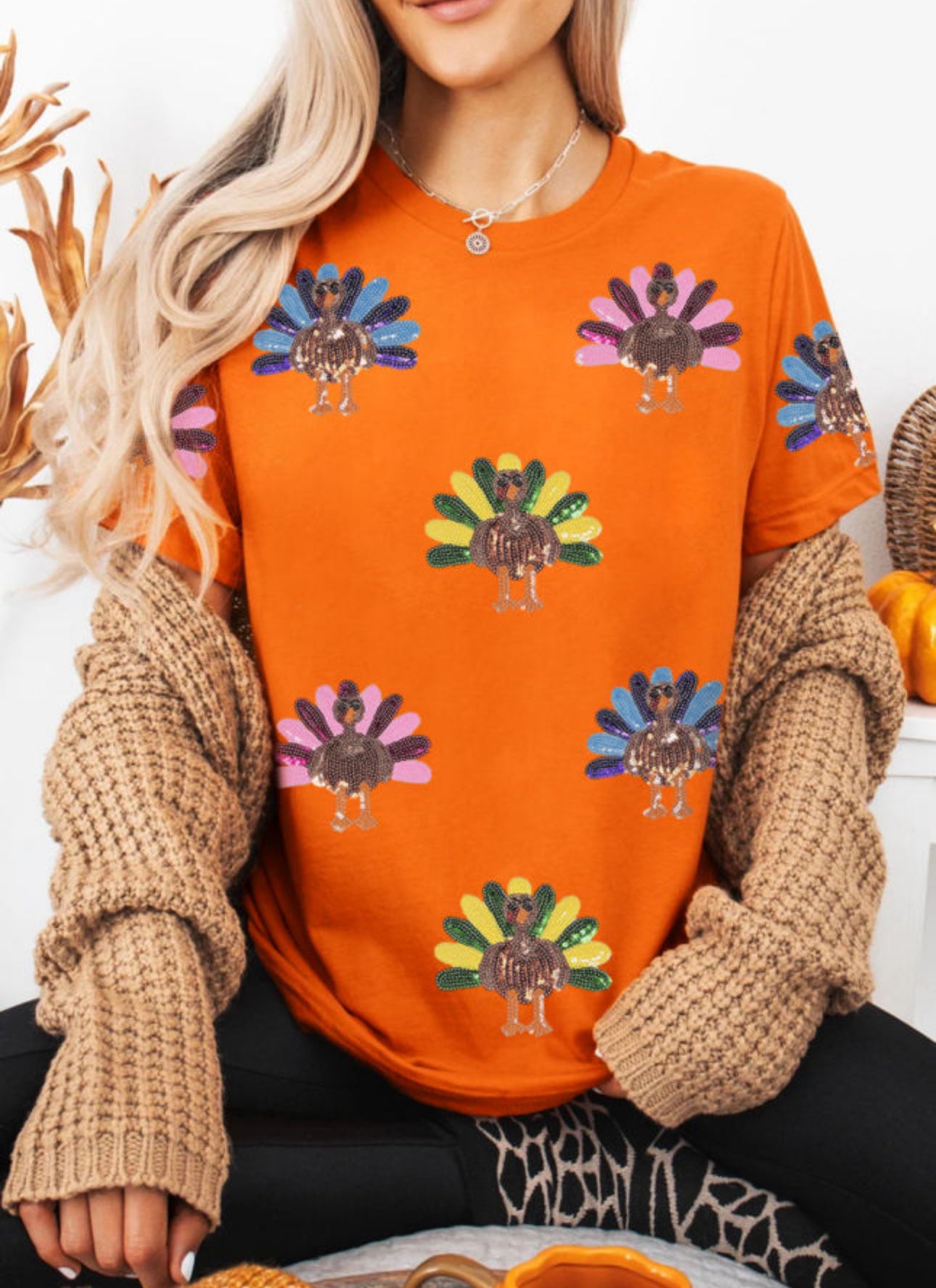 Orange Colorful Sequin Turkey Thanksgiving Graphic Tee