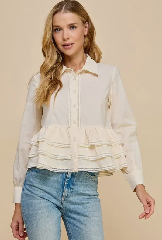 Button Up Long Sleeve Peplum Waist Top