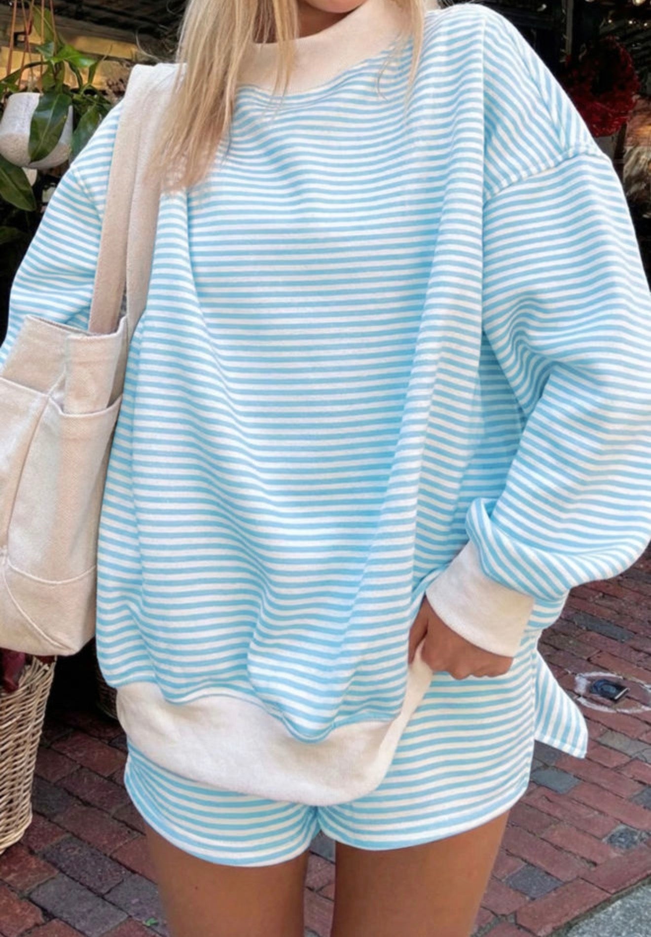 Sky Blue Stripe Oversize Mock Neck Sweatshirt and Shorts Set