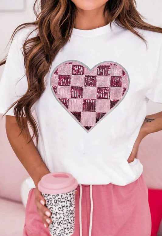 White Checkered Heart Patched Valentines Graphic Tee PREORDER