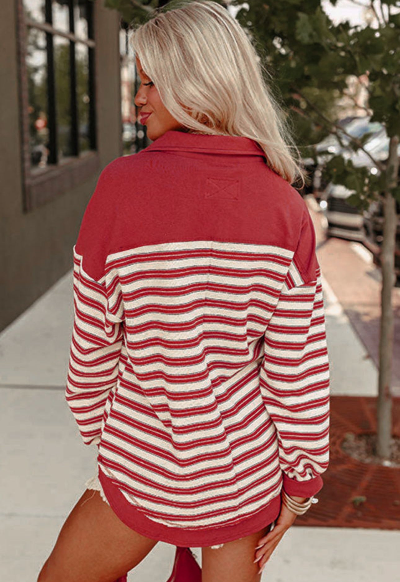 Red Stripe Buttoned V Neck Collared Drop Shoulder Top